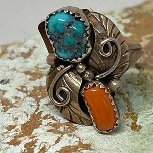 Native American Sterling Silver Turquoise/Coral Ring Stamped Sterling Signed MR